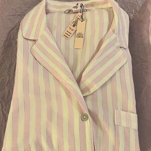 Victoria’s Secret Pajamas NWT Flannel Pink Stripe Silver Detail M 2-Piece Set
